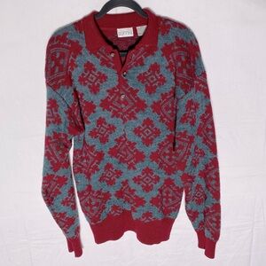 Vintage 90s Gianfranco Ruffini Grey Red Wool Mohair Geometric Print Sweater M
